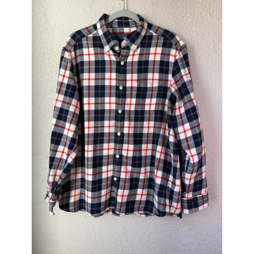 Vineyard Vines Mens Large Flannel Shirt‎ Navy Blue Red White Plaid Button Down L